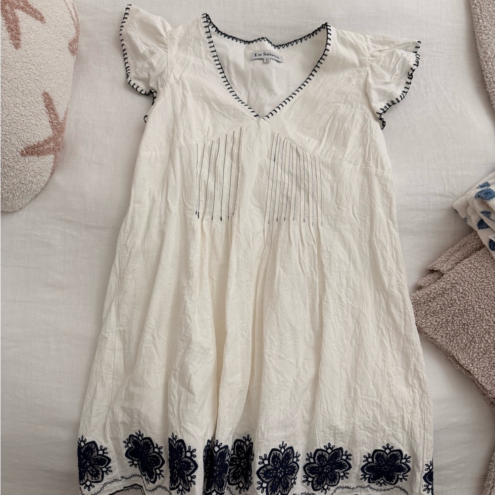 En Saison White and Black Embroidered Mini Dress